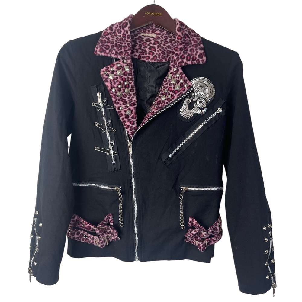 RARE VTG Y2K Women Black Moto Jacket Size S Faux Fur Leopard Print Grunge Sequin